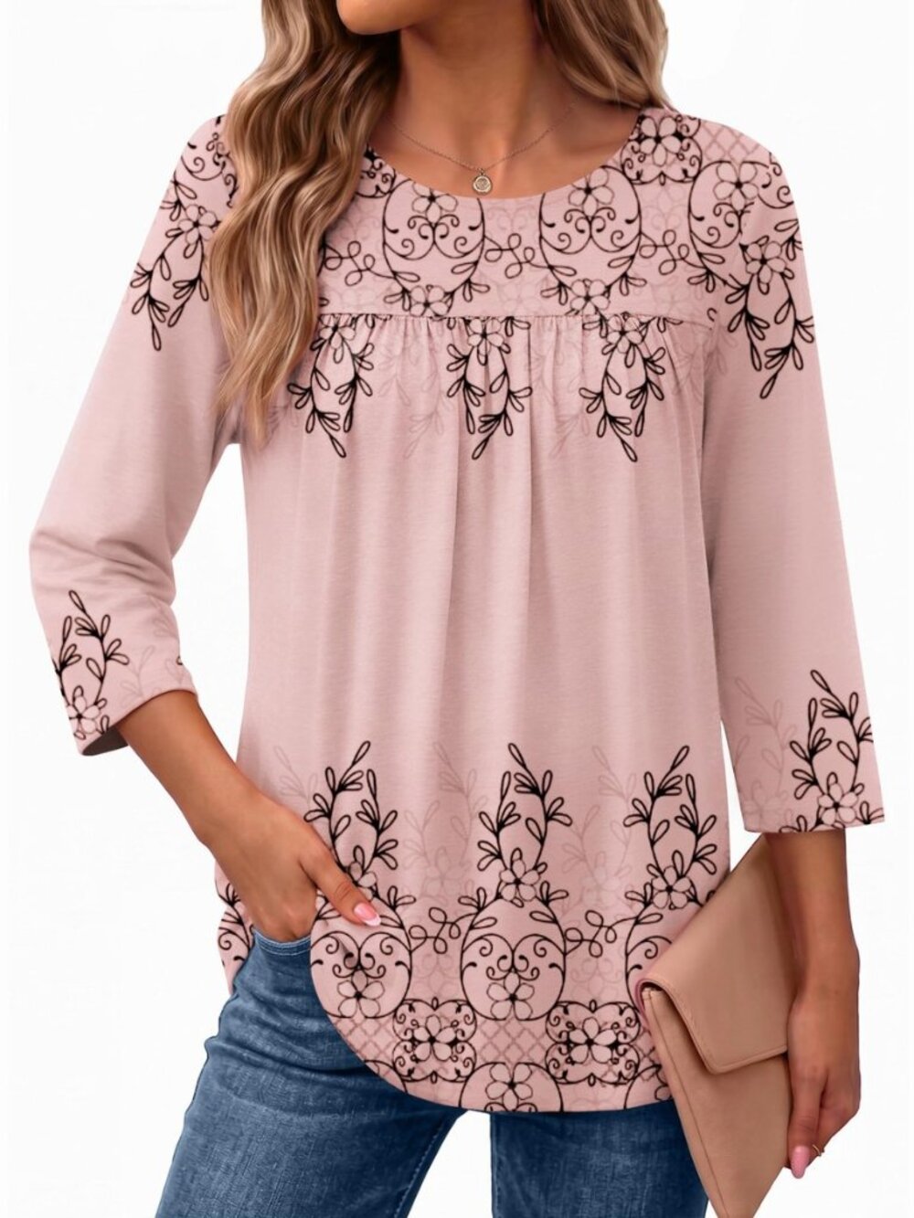 Womens 3/4 Length Sleeve Tops Boho Blouses Casual Pleated Shirts